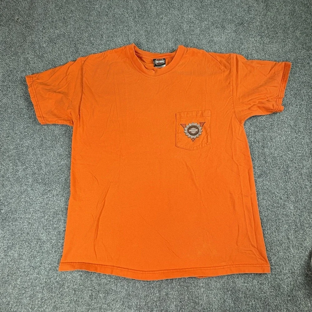 Vintage 90s Y2K Harley Davidson T Shirt L Made In USA Orange Flame R.K. Stratman